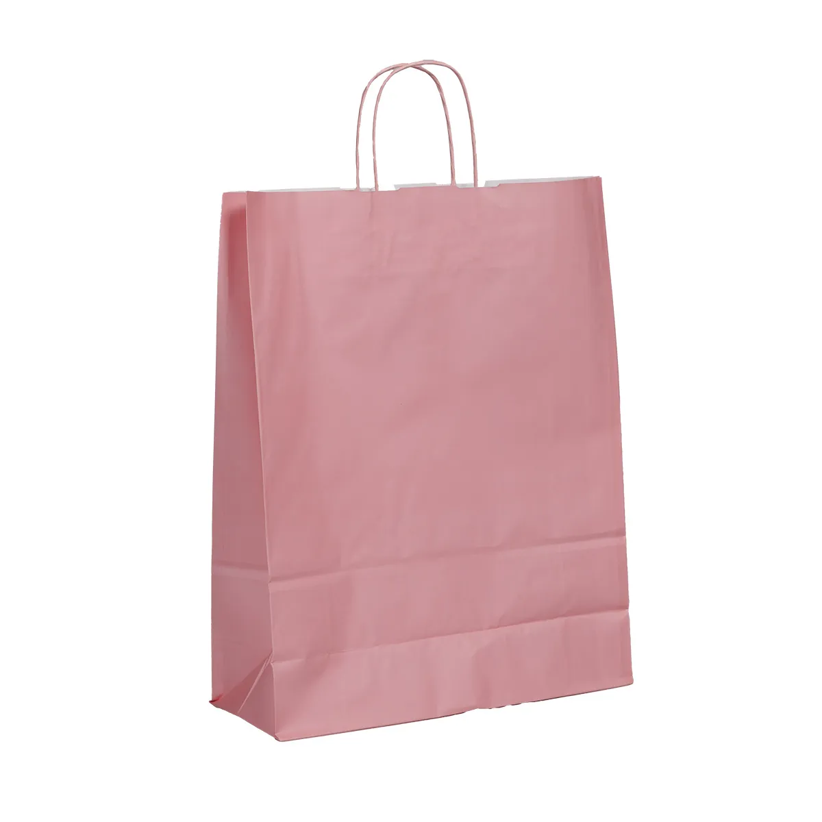 Sac kraft rose poudré à poignées torsadées – L 36 + 13 x H 44,5 cm – Paquet de 50 - Sacs kraft couleur poignées torsadées