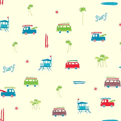 Papier cadeau couché blanc cassé motif Surf multicolore 70 cm x 50 m 80 g/m² – le rouleau - Papiers cadeaux enfants