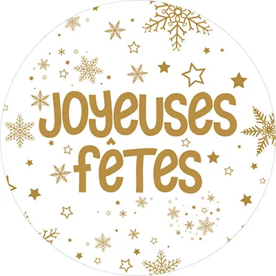 Étiquettes cadeaux adhésives rondes Joyeuses Fêtes flocon or/blanc ø65 mm – Paquet de 200 - Étiquettes cadeaux adhésives