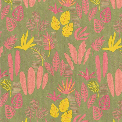 Papier cadeau Éxotique kraft brun 70 cm x 50 m, brun / vert / jaune, 60g/m² - Papiers cadeaux kraft à motifs