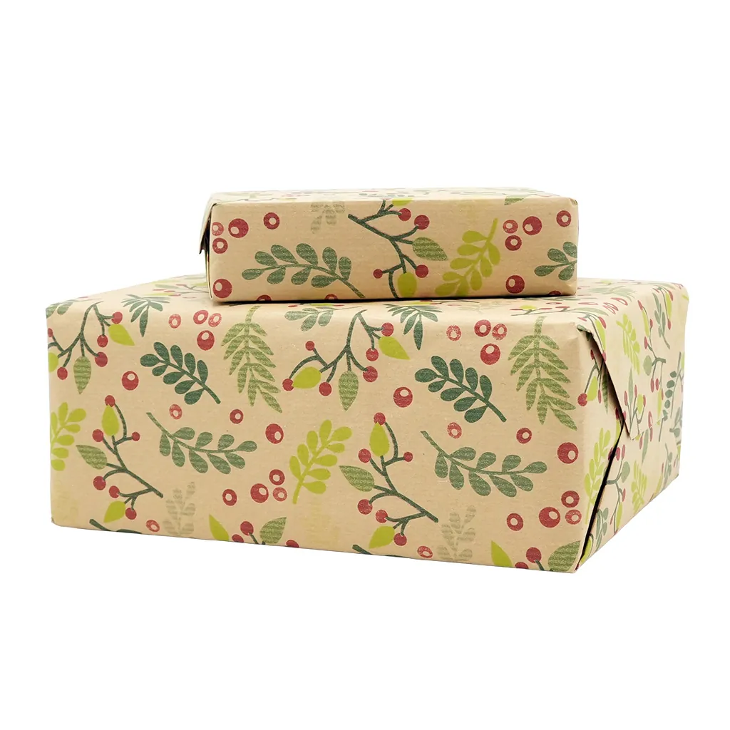 Papier cadeau kraft brun houx vert/rouge 70 cm x 50 m 60 g/m² – le rouleau - Papiers cadeaux kraft à motifs-3