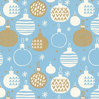 Papier cadeau kraft blanc boules de Noël bleu/or 70 cm x 25 m 60 g/m² – le rouleau - Papiers cadeaux kraft à motifs