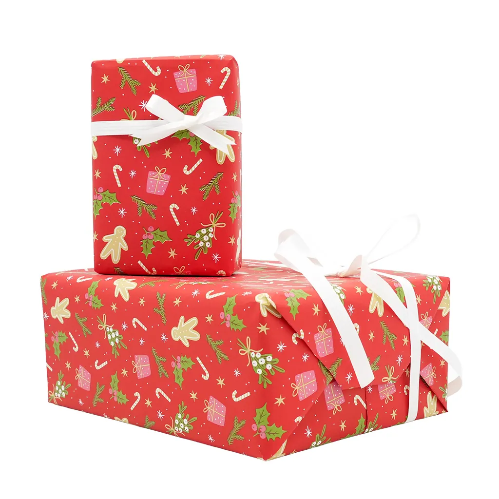 Papier cadeau couché rouge motifs Noël vert 70 cm x 50 m 80 g/m² – le rouleau - Papier cadeaux couchés à motifs-2