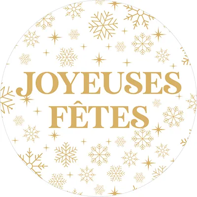 Étiquettes cadeaux adhésives rondes Joyeuses Fêtes flocons or/blanc ø65 mm – Paquet de 200 - Étiquettes cadeaux adhésives