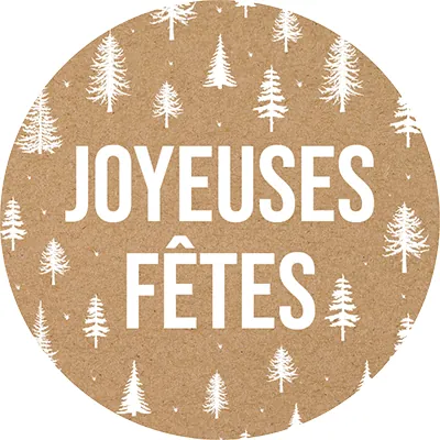 Étiquettes cadeaux adhésives Joyeuses Fêtes sapins brun / blanc ø 65 mm - Boîte de 200  - Étiquettes cadeaux adhésives
