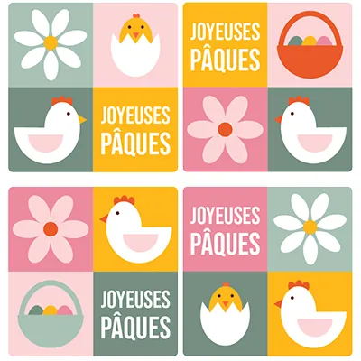 Assortiment étiquettes cadeaux carrées adhésives Joyeuses Pâques 35x35mm – Lot de 500 - Étiquettes cadeaux adhésives
