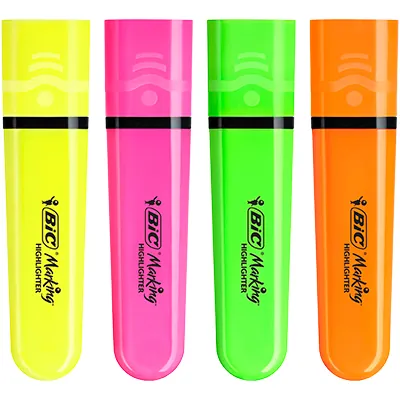 Surligneur BIC Highlighter Flat Néon Fluo pointe biseautée – Pack de 4 couleurs - Surligneurs