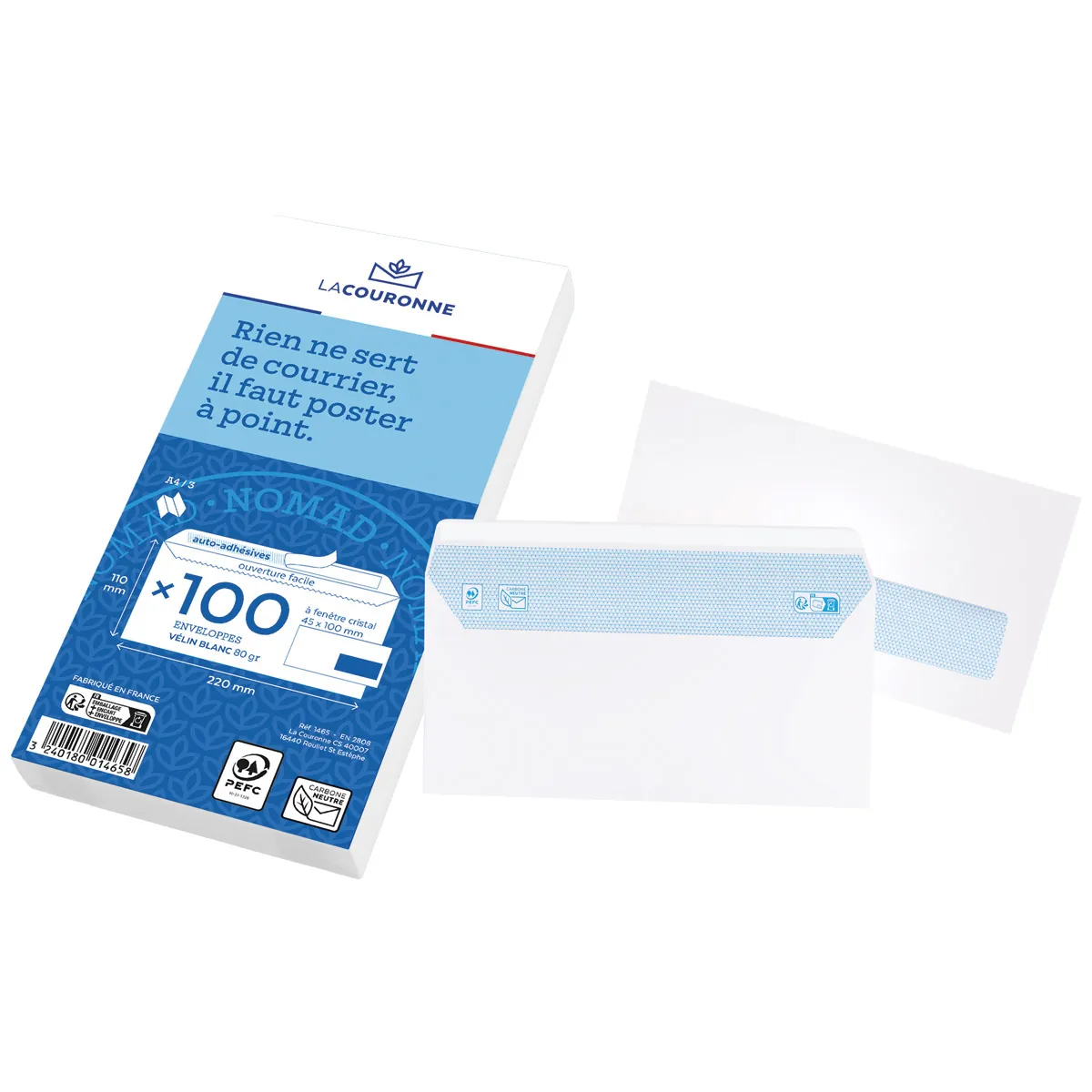 Enveloppe DL blanche avec fenêtre La Couronne Nomad 110 x 220 mm 80g – Paquet de 50 - Enveloppes blanches-1