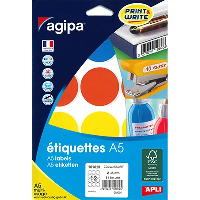 Gommettes rondes adhésives Ø 45mm - 4 couleurs assorties - Paquet de 84 - Gommettes de couleur