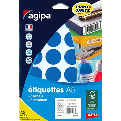 Gommettes rondes adhésives bleues Ø 30mm - Paquet de 240 - Gommettes de couleur