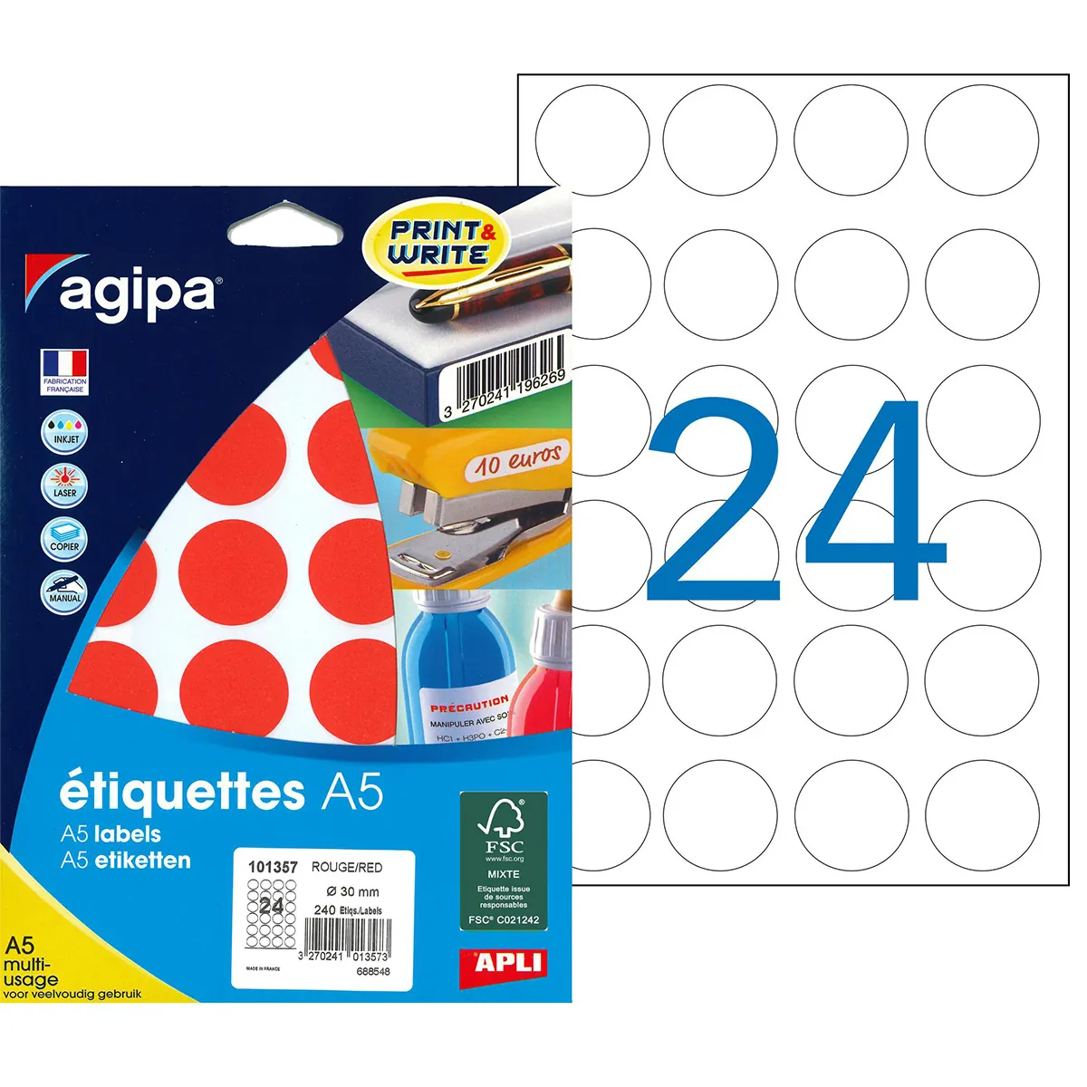Gommettes rondes adhésives rouges Ø 30mm - Paquet de 240 - Gommettes de couleur