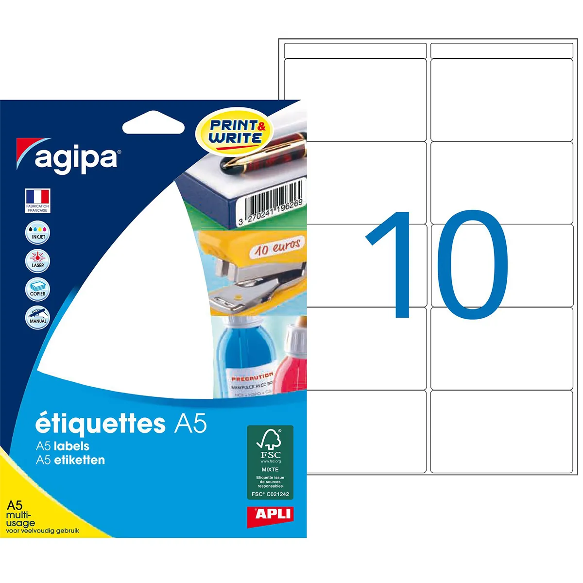 Étiquettes adhésives blanches multi-usages Apli Agipa 38,5x65mm - Paquet de 160 - Étiquettes adhésives neutres