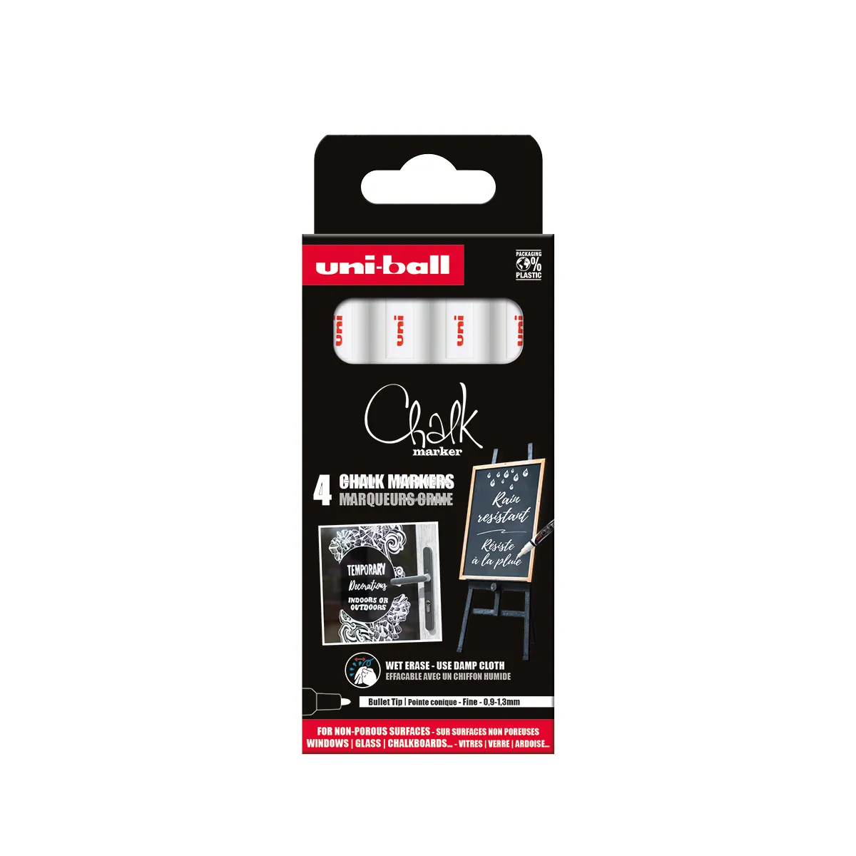 Feutre craie blanc Chalk Marker Uni Ball pointe conique fine effaçable - Marqueur craie – Lot de 4 - Marqueurs-1