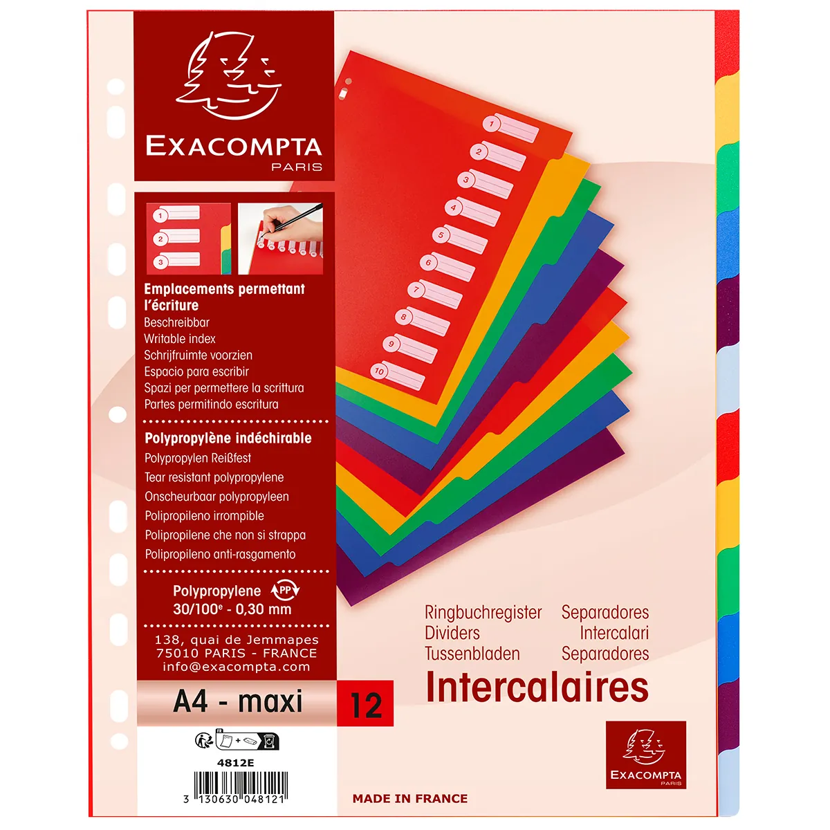 Intercalaires A4 maxi 12 positions Onglets inscriptibles Polypropylène Opaque Semi-Rigide - Exacompta - Intercalaires classeur, Trieurs documents-1