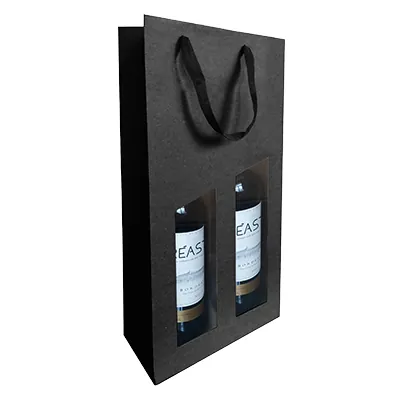 Sac 2 bouteilles noir à fenêtre poignées coton 19+9,5x38,5 cm – Paquet de 10 - Sacs pour bouteilles de vin
