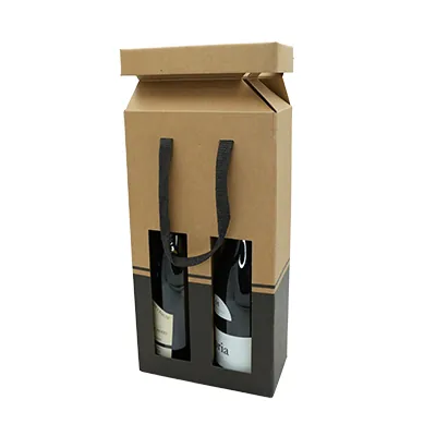 Sac pop-up 2 bouteilles brun/noir à fenêtre poignées papier 19+9,5x38,5 cm – Paquet de 10 - Sacs pour bouteilles de vin-1