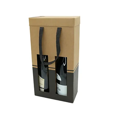 Sac pop-up 2 bouteilles brun/noir à fenêtre poignées papier 19+9,5x38,5 cm – Paquet de 10 - Sacs pour bouteilles de vin-2