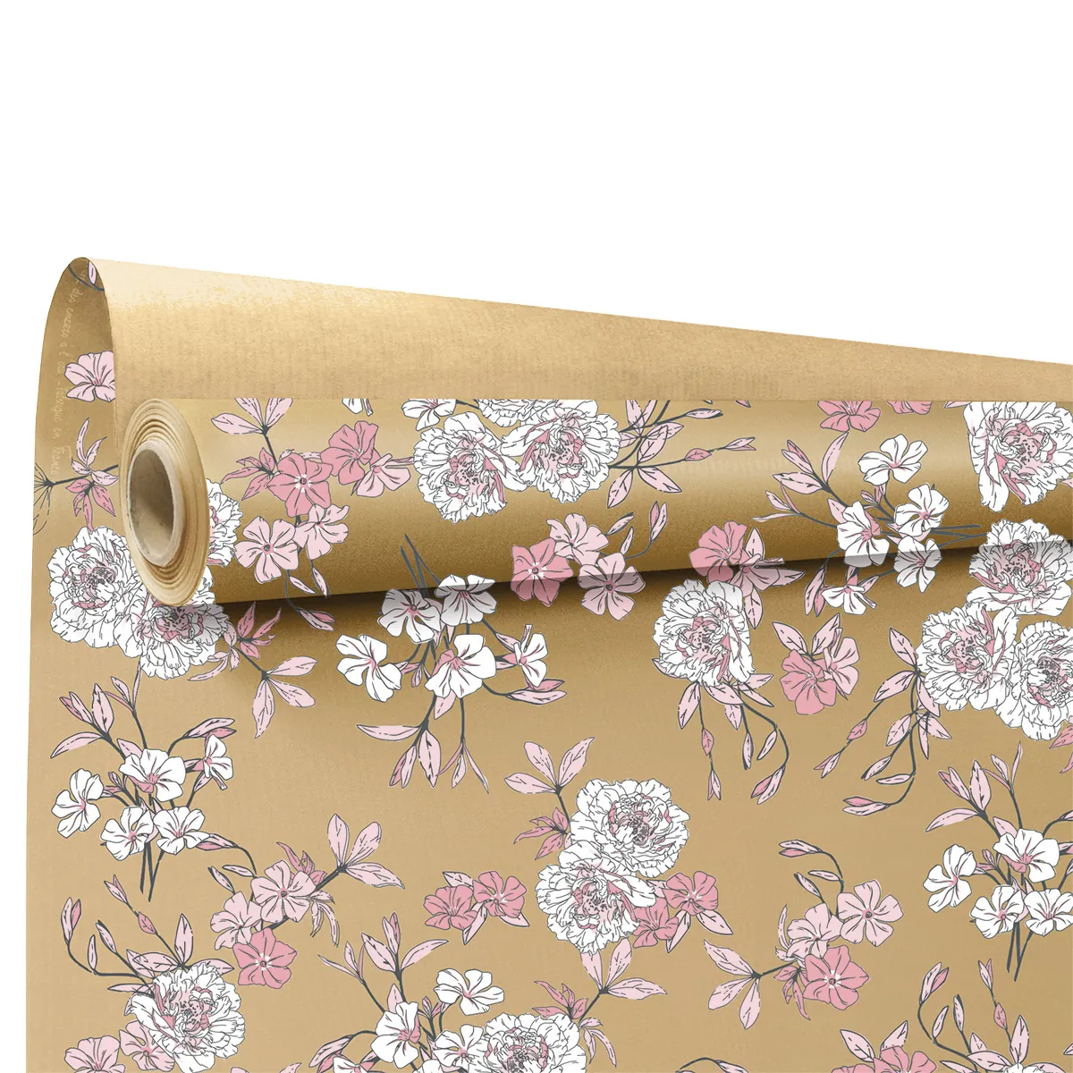 Papier cadeau kraft brun Boudoir 2 fleurs blanc/rose 70 cm x 50 m 60 g/m² – le rouleau - Papiers cadeaux kraft à motifs