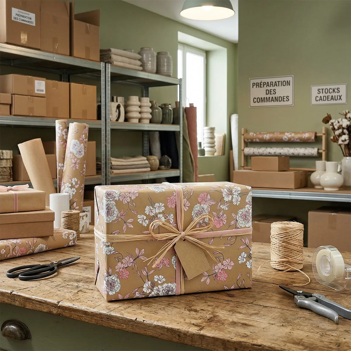 Papier cadeau kraft brun Boudoir 2 fleurs blanc/rose 70 cm x 50 m 60 g/m² – le rouleau - Papiers cadeaux kraft à motifs-1