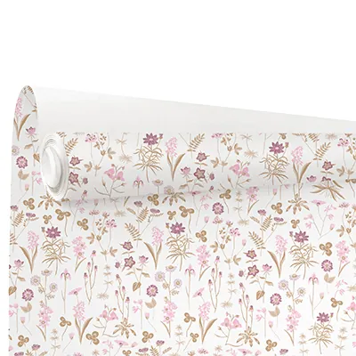 Papier cadeau kraft blanc vergé Ysée fleurs blanc/rose 70 cm x 50 m 60 g/m² – le rouleau - Papiers cadeaux kraft à motifs