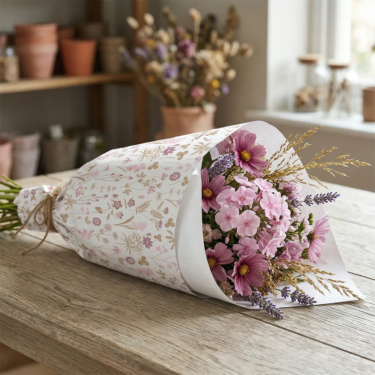 Papier cadeau kraft blanc vergé Ysée fleurs blanc/rose 70 cm x 50 m 60 g/m² – le rouleau - Papiers cadeaux kraft à motifs-2