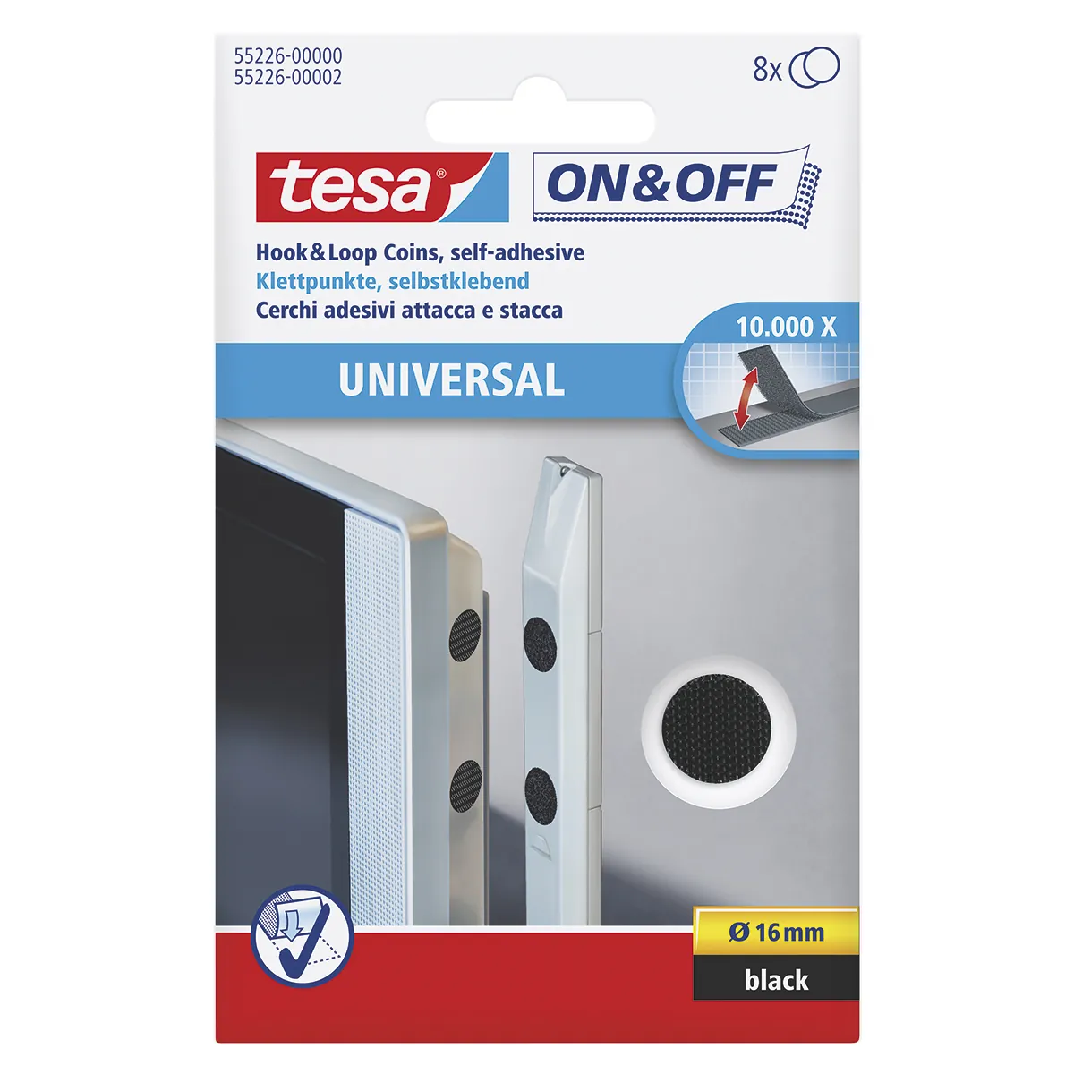 Pastilles adhésives auto-agrippantes noires Ø 16mm Tesa On & Off - Paquet de 8 pastilles - Double face, patafix, velcro