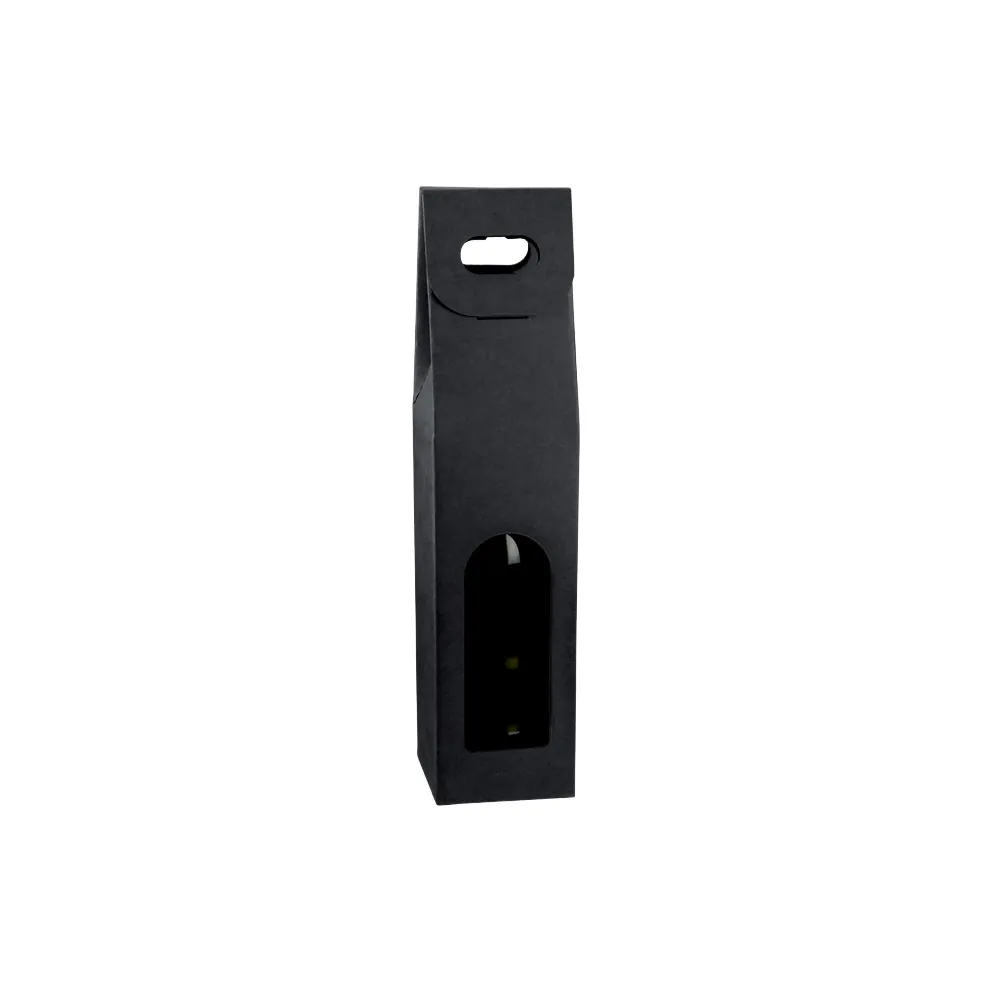 Boîte pour bouteille de vin à fenêtre poignée kraft noir 9x9x38,5cm - Paquet de 50 - Coffrets pour bouteilles de vin, Boîtes pour bouteilles de vin