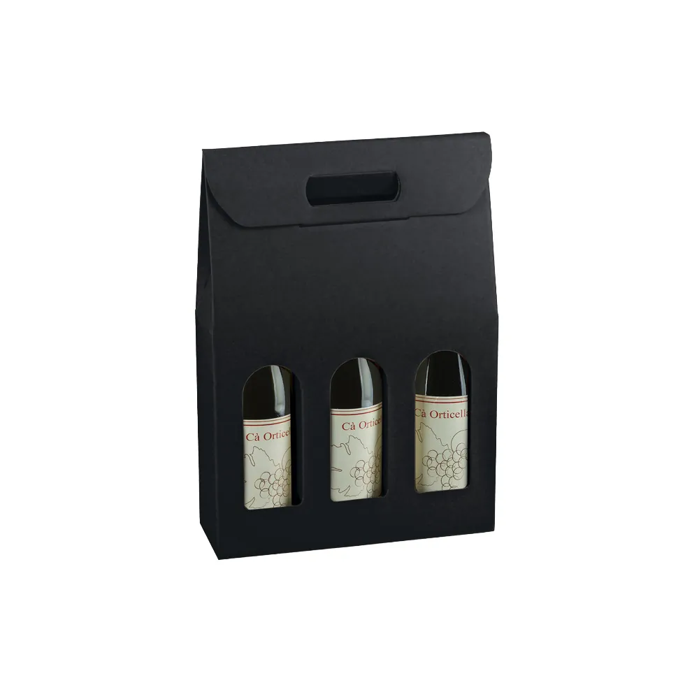 Boîtes pour 3 bouteilles de vin à fenêtre poignée kraft noir 27x9x38,5cm – paquet de 30 - Coffrets pour bouteilles de vin, Boîtes pour bouteilles de vin