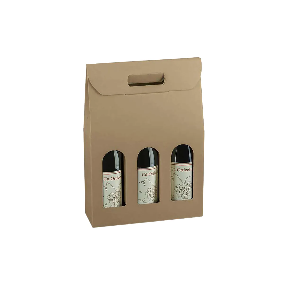 Boîtes pour 3 bouteilles de vin à fenêtre poignée kraft brun 27x9x38,5cm - Paquet de 30 - Coffrets pour bouteilles de vin, Boîtes pour bouteilles de vin