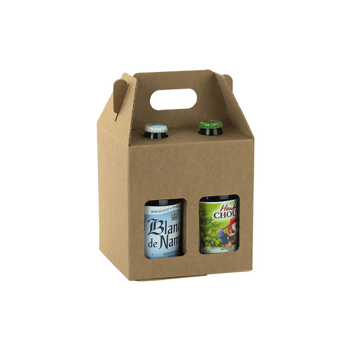 Étui 4 bières kraft brun à fenêtre avec poignée 13x13x21cm - Lot de 30 - Mètres de bières, Emballages pour bouteilles de bières-1