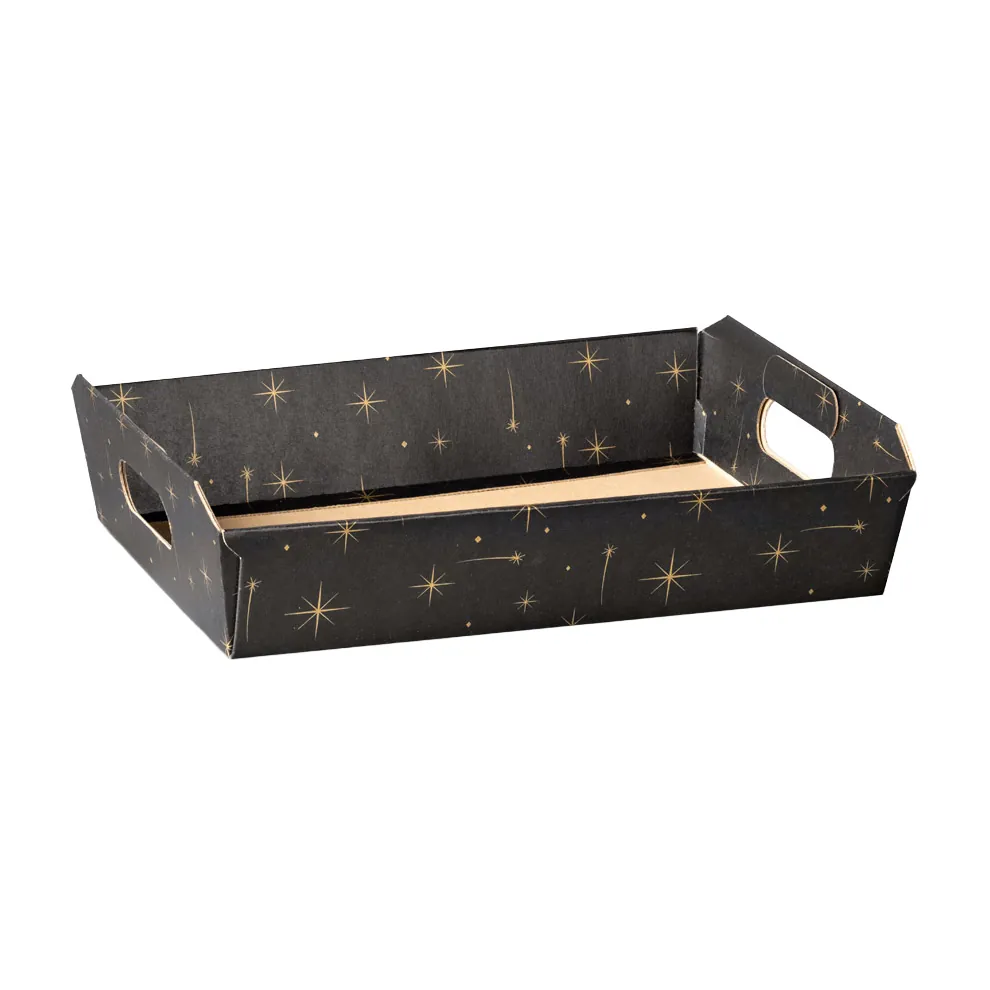 Paniers pour panier garni étoiles noir/or poignées découpées 35x26x7cm - Paquet de 30 - Corbeilles carton