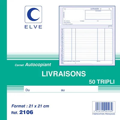 Carnet de Bon de livraison Elve Manifold 210 x 210 mm 50 pages autocopiantes 3 exemplaires - Livraisons