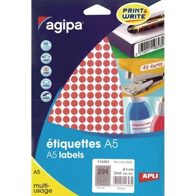Pastille adhésive permanente Rouge ø 8 mm Agipa - Pastille de signalisation - Étui de 2940 - Gommettes de couleur