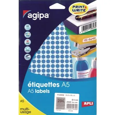 Pastille adhésive permanente Bleue ø 8 mm Agipa - Pastille de signalisation - Étui de 2940 - Gommettes de couleur