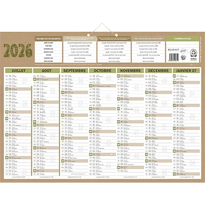 Calendrier mural Natura 2026 - 7 mois recto verso - 40,5 x 55 cm - 100 % recyclé - congés scolaires, fêtes, lunaisons - Origine France Garantie - Calendriers professionnels