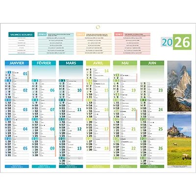 Calendrier 2026 4 saisons medium - 32 x 42 cm - 6 mois recto verso - 160 g/m² - recyclable - congés scolaires, fêtes, lunaisons, jours ouvrables - Origine France Garantie - Calendriers professionnels-1