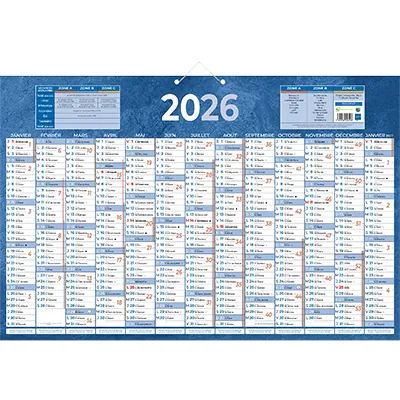Calendrier mural 2026 13 mois sur 1 face - 43 x 65 cm - bleu - recyclable - congés scolaires, fêtes, lunaisons - Calendriers professionnels