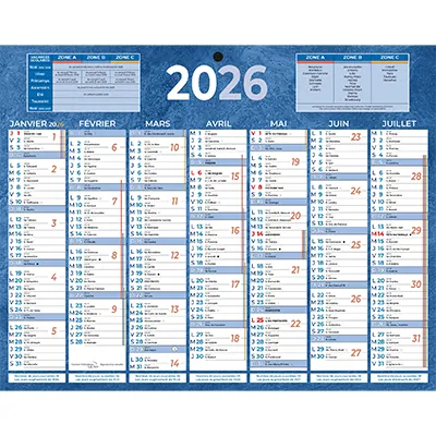 Calendrier mural annuel 2026 7 mois recto verso - 21 x 26,5 cm - bleu - recyclé - recyclable - congés scolaires, fêtes, lunaisons - Origine France Garantie - Calendriers professionnels