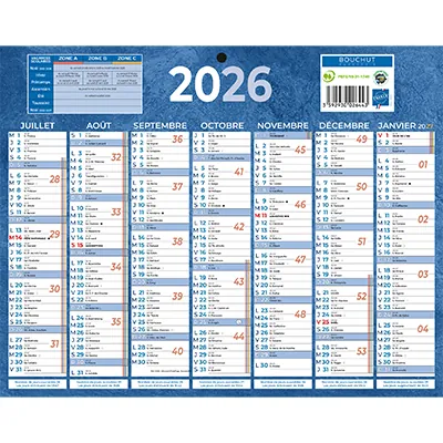 Calendrier mural annuel 2026 7 mois recto verso - 21 x 26,5 cm - bleu - recyclé - recyclable - congés scolaires, fêtes, lunaisons - Origine France Garantie - Calendriers professionnels-1