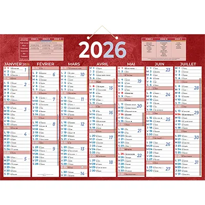 Calendrier mural annuel 2026 7 mois recto verso - 38,5 x 54 cm - rouge - recyclé - recyclable - congés scolaires, fêtes, lunaisons - Origine France Garantie - Calendriers professionnels