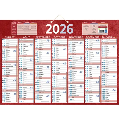 Calendrier mural annuel 2026 7 mois recto verso - 38,5 x 54 cm - rouge - recyclé - recyclable - congés scolaires, fêtes, lunaisons - Origine France Garantie - Calendriers professionnels-1