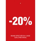 Etiquette à trou -20% rouge blanc 50x70mm - Etiquette soldes - Lot de 250