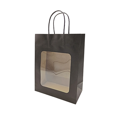 Sac kraft avec fenêtre et poignées torsadées, noir, 21,5 + 10,5 x 27,5 cm, paquet de 20