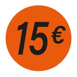 Pastille adhésive '15€' rond ø 36 mm, Orange fluo - Sticker promo - Lot de 500
