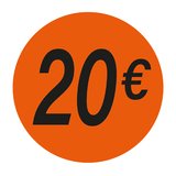 Pastille adhésive '20€' rond ø 36 mm, Orange fluo - Sticker promo - Lot de 500