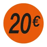 Pastille adhésive '20€' rond ø 36 mm, Orange fluo - Sticker promo - Lot de 500