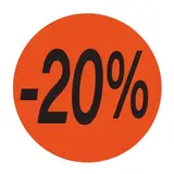 Pastille adhésive promo '-20%' rond ø 36 mm, Orange fluo - Sticker promo - Lot de 500