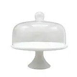 Cloche à gâteau en verre sur pied céramique ø 29,5 x H 30 cm - Présentoir gâteau sur pied - Blanc