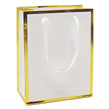 Sac cadeau premium pelliculé blanc liseré or 18 + 10 x H 22 cm - Sac papier luxe - Paquet de 20