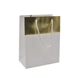 Sacs pelliculés blancs embossés bandeau or poignées cordelette 18+10x23 cm 210g/m² – Paquet de 20